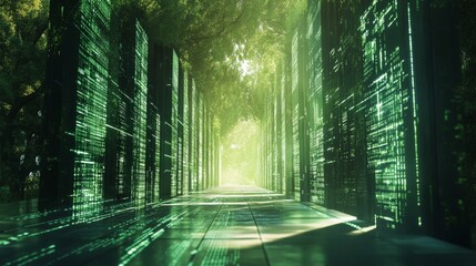 Poster - Illuminated Pathway Through Lush Green Trees and Abstract Structures in a Mystical Forest