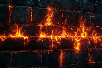 Poster - a dramatic close-up of lava cracks illuminating a dark stone wall. this striking background evokes f