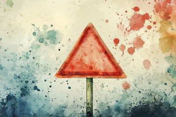 Poster - This watercolor illustration features a caution traffic sign against a vibrant, abstract background of colorful splashes. A unique artistic piece conveying safety and alertness.