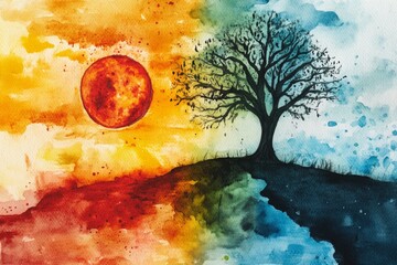Poster - vibrant watercolor landscape with tree, sun and moon elements