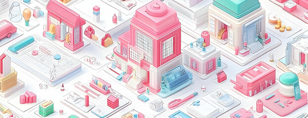 Poster - Pastel city isometric, finance, data