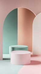 Aufkleber - Pastel-colored walls intersect with smooth arches, forming a calm and inviting setting. Circular shapes emerge, enhancing the playful yet elegant aesthetic that captivates the viewer