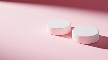 Poster - Two minimalistic white round objects on a soft pink background with gentle shadows