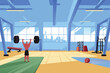 © foom - A bustling gym, filled with diverse people weightlifting, cardio, and stretching; a powerful lifter hoists a heavy barbell overhead, muscles straining.