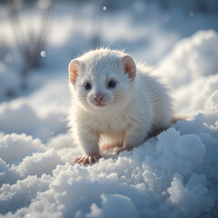charming the worlds smallest predator white weasel in snow in winter. 4k footage slow motion. young 