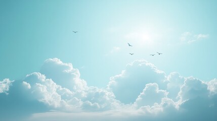 Aufkleber - Fluffy white clouds take form against a bright blue sky, while silhouettes of birds glide gracefully, basking in the warm sunlight that brightens the day
