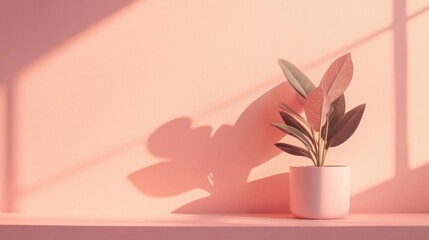 Poster - In a quiet moment of morning light, a delicate potted plant rests on a shelf, casting gentle shadows on a soft pastel wall, evoking tranquility and warmth