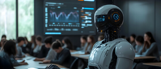 Poster - Robot lectures students; data on screen