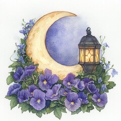 Poster - Crescent Moon with Lantern and Purple Pansies
