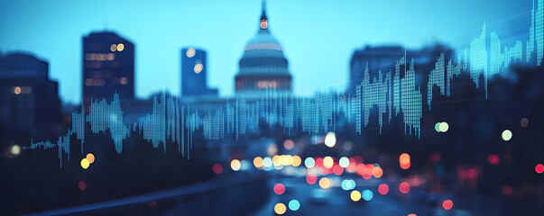 Poster - Cityscape at Dusk, Stock Market Graph