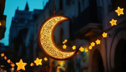 Aufkleber - Illuminated Crescent Moon and Stars Hanging in a City at Night