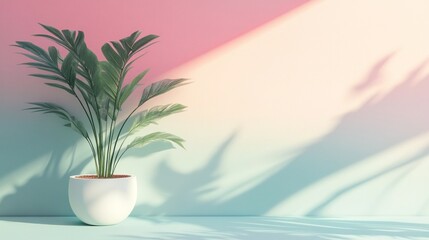Poster - A modern arrangement features a striking green plant in a sleek white pot, set against a pastel pink and teal wall. The gentle shadows create a calming atmosphere, perfect for relaxation