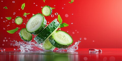 Fototapete - Fresh Cucumber Splash with Mint Leaves on Vibrant Red Background