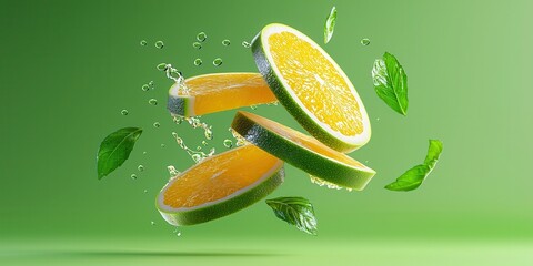 Poster - Fresh Orange Slices with Mint Leaves on a Green Background