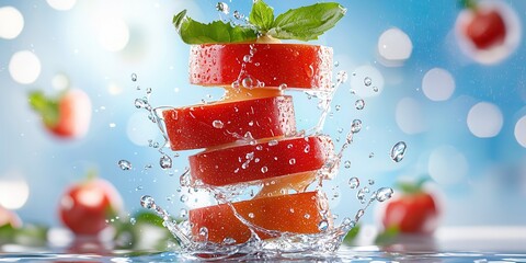 Poster - Juicy Apple Slices Splashing in Water with Fresh Mint Leaves