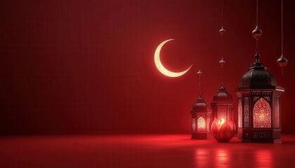 Aufkleber - Ornate Metal Lanterns Glowing in Red Festive Setting with Crescent Moon