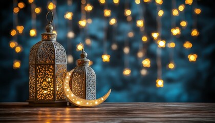 Aufkleber - Ornate Metal Lanterns with Glowing Crescent Moon on Wooden Table Against Dark Bokeh Background