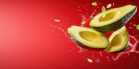 Poster - Fresh Avocado Halves Splashing in Water on Red Background