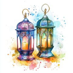 Aufkleber - Ornate Watercolor Lanterns with Candles