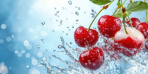 Poster - Fresh Red Cherries Splashing in Clear Water with Blue Background