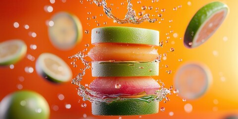 Poster - Colorful Fruit Slices in Splashing Water on Bright Background