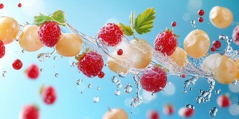 Poster - Vibrant Splash of Fresh Berries and Fruits on Blue Background