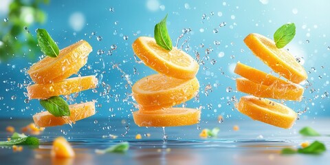 Poster - Fresh Orange Slices With Mint Falling Into Water Splash Background