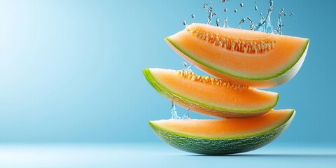 Poster - Fresh Melon Slices with Water Splashing on Blue Background
