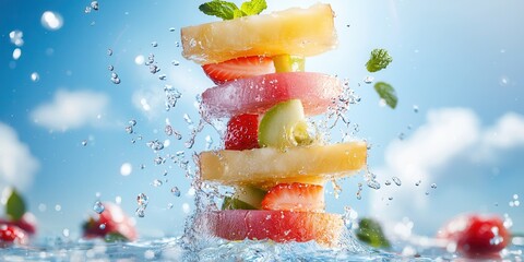 Poster - Fresh Fruit Stacked with Splashes in Vibrant Outdoor Setting