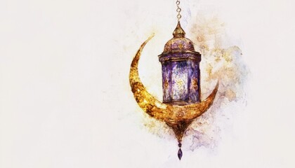 Aufkleber - Watercolor Crescent Moon with Ornate Lantern