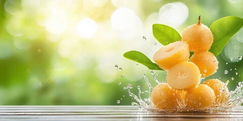 Poster - Fresh Juicy Fruit Splash with Green Background and Sunlight Effects