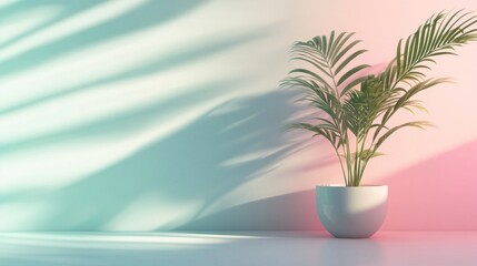 Poster - A vibrant green plant sits elegantly in a round white pot, creating a tranquil atmosphere. Soft shadows dance on the pastel wall, enhancing the serene decor during daylight hours