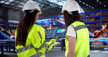 Aufkleber - Woman Inspects Warehouse Automation and OSHA Compliance