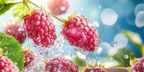 Poster - Fresh Raspberries with Water Splashing Against Blue Background