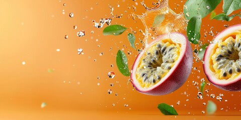 Poster - Fresh Passion Fruit Splashes with Mint on Vibrant Orange Background