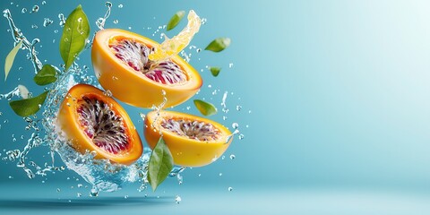 Poster - Fresh Splash of Juicy Melons and Leaves in Water Background