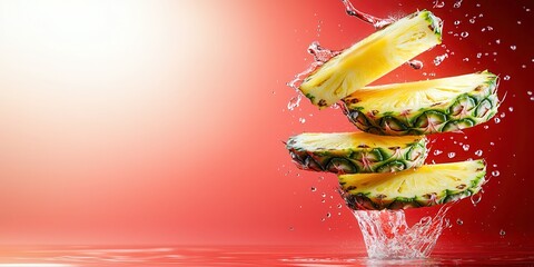 Poster - Fresh Pineapple Slices Splashing in Water Against Red Background
