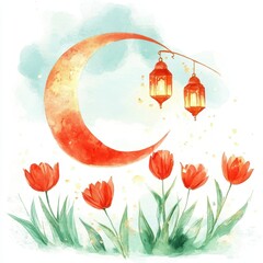 Aufkleber - Watercolor Illustration of Red Tulips Under a Crescent Moon with Hanging Lanterns