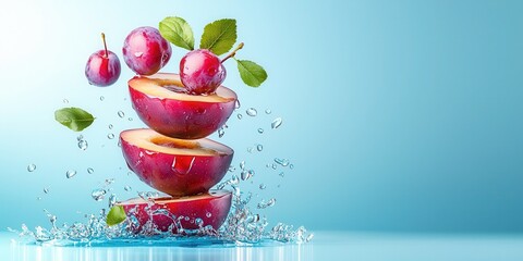 Poster - Fresh Red Plum Slices Floating in Water with Splashes and Leaves