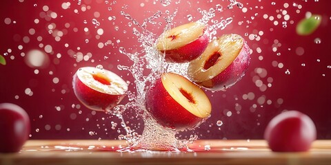 Fototapete - Splashing Red Apples Captured in Dynamic Water Background