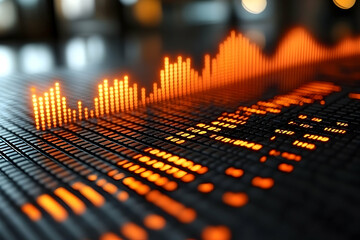 Poster - Abstract digital data visualization. Glowing orange bars rise and fall over a grid of small squares, suggesting data flow or audio waves