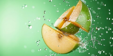 Poster - Fresh Green Apple Slices Splashing in Water against Green Background