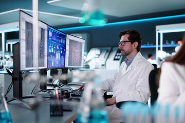 Poster - Doctor and engineer analyze pharmaceutical data