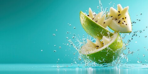 Poster - Fresh Green Apple Slices Splashing in Water Against Turquoise Background