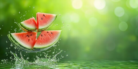 Poster - Fresh Watermelon Slices Splashing in Clean Water on Green Background