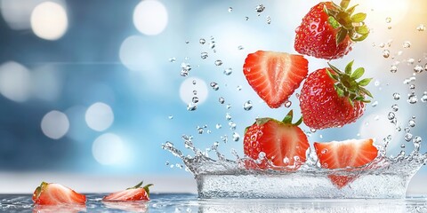 Poster - Fresh Strawberries Splashed in Water with Blue Background Effects