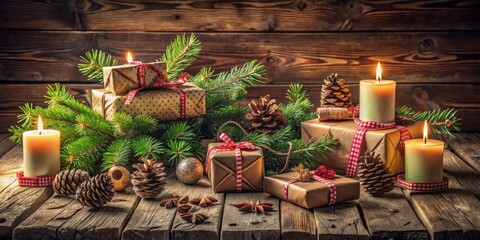 Aufkleber - Cozy Christmas Scene with Gifts, Pine Cones, and Burning Candles on a Rustic Wooden Table