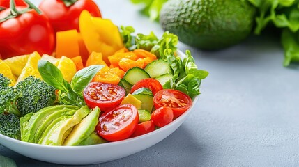 Fototapete - Fresh and Colorful Vegetable Salad with Avocado and Tomatoes