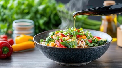 Poster - Fresh Colorful Vegetable Salad with Olive Oil Drizzling in Kitchen