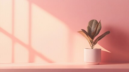 Poster - A small, vibrant plant sits elegantly in a white pot on a minimalistic shelf, illuminated by warm golden sunlight filtering through a pastel pink wall, creating serene shadows
